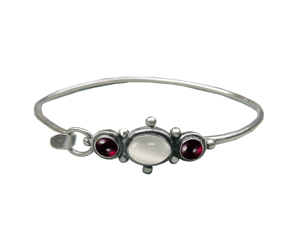 Sterling Silver Strap Latch Spring Hook Bangle Bracelet White Moonstone And Garnet